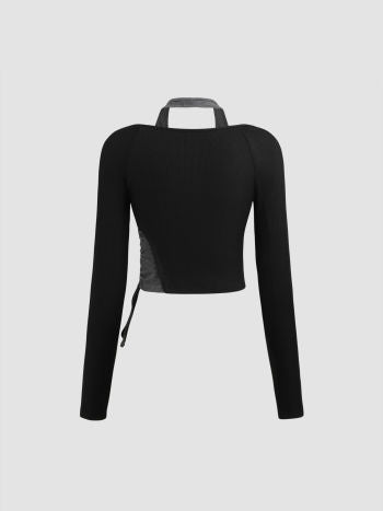 JERSEY HALTER ASYMMETRICAL PATCHED DRAWSTRING LONG SLEEVE CROP TOP